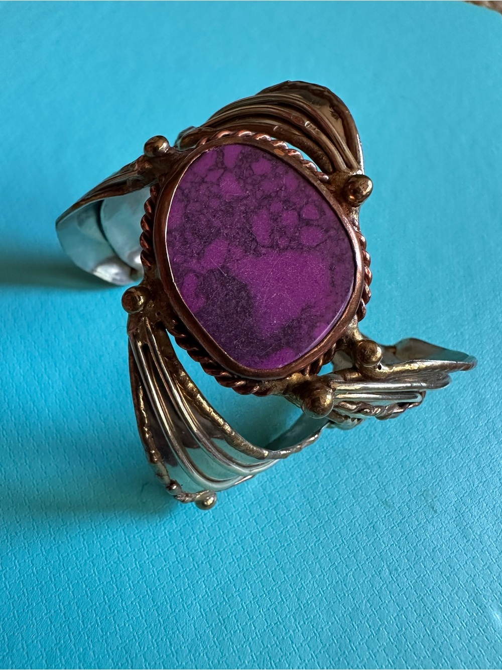 Vintage Brutalist Mix Metal Modernist Cuff With Purple Stone